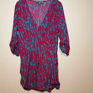 Southern Frock Coral Print V Neck Button Tab Sleeve Dress Women's Size M